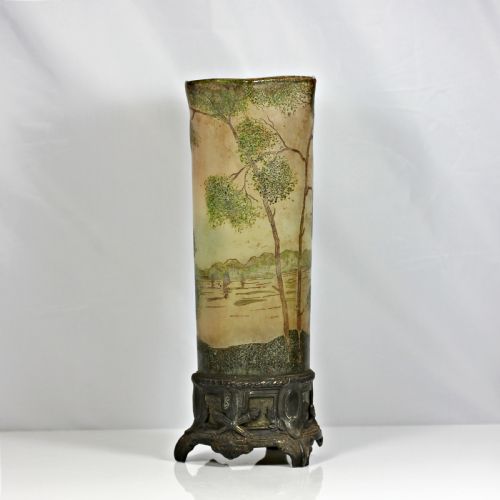 LEGRAS TALL CYLINDER VASE DECORATED WITH WINTER LANDSCAPE SCENE ON METAL BASE - ADDITIONAL PHOTO 5