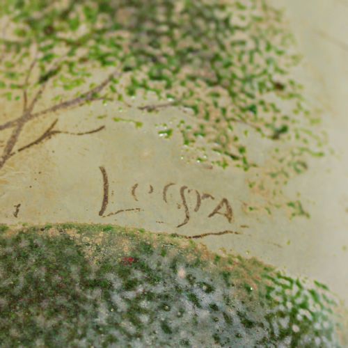 LEGRAS TALL CYLINDER VASE DECORATED WITH WINTER LANDSCAPE SCENE ON METAL BASE - ADDITIONAL PHOTO 7