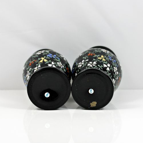 VICTORIAN PAIR OF FRENCH HANDPAINTED BLACK GLASS VASES - ADDITIONAL PHOTO 2