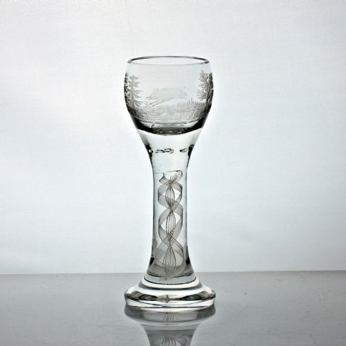VICTORIAN ENGRAVED OPAQUE TWIST WINE GLASS BY JOSPHINENHUTTE GERMANY - ADDITIONAL PHOTO 1