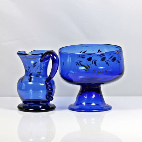 GEORGIAN HANDPAINTED BRISTOL BLUE CREAM JUG SUGAR BOWL - ADDITIONAL PHOTO 1