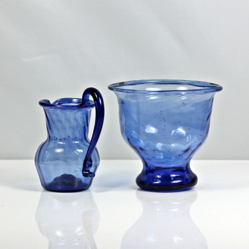 GEORGIAN SUNDERLAND BLUE WRYTHENED GLASS CREAM JUG SUGAR BOWL - ADDITIONAL PHOTO 1