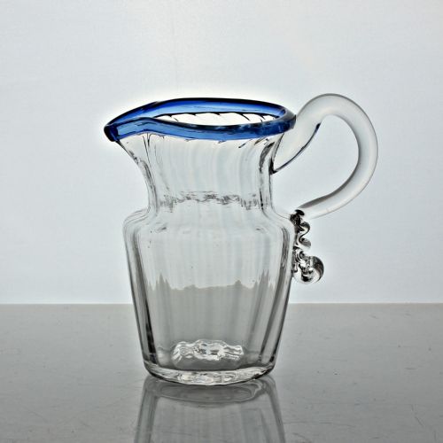 georgian large panelmoulded cream jug with blue glass rim - CATEGORY: ANTIQUE GLASS - DATED 18TH CENTURY