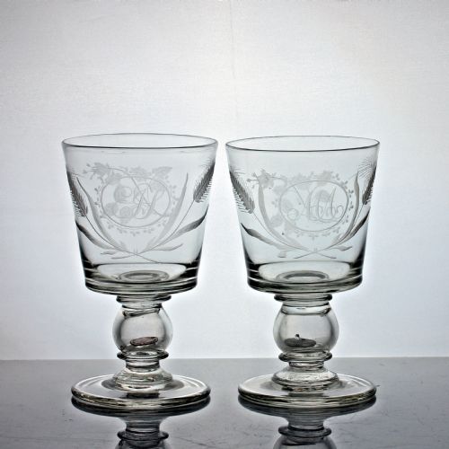 georgian rare pair of engraved bucket bowl coin rummers - CATEGORY: ANTIQUE GLASS - DATED 18TH CENTURY