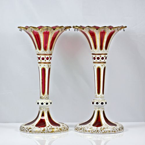 VICTORIAN BOHEMIAN PAIR OF FLASHCUT AND GILDED RUBY AND WHITE GLASS LUSTRES - ADDITIONAL PHOTO 1