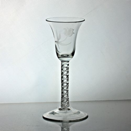 georgian single series air twist wine glass tulipengraved bell bowl - CATEGORY: ANTIQUE GLASS - DATED 18TH CENTURY