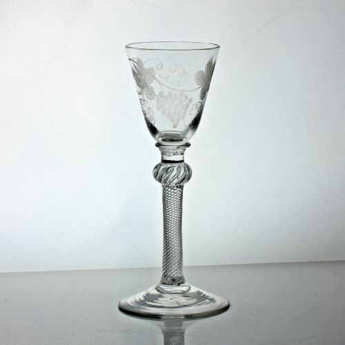 georgian multi spiral air twist wine glass vineengraved rounded funnel bowl - CATEGORY: ANTIQUE GLASS - DATED 18TH CENTURY