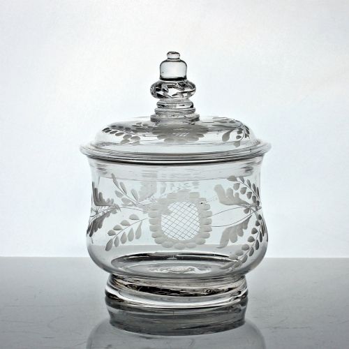 georgian rare engraved glass sugar bowl or preserve pot with acorn finial - CATEGORY: ANTIQUE GLASS - DATED 18TH CENTURY