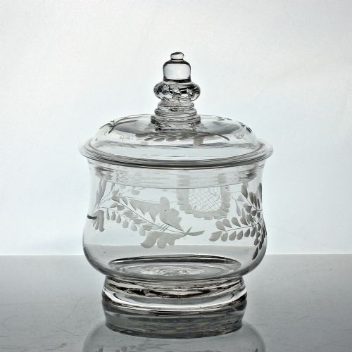 GEORGIAN RARE ENGRAVED GLASS SUGAR BOWL OR PRESERVE POT WITH ACORN FINIAL - ADDITIONAL PHOTO 2