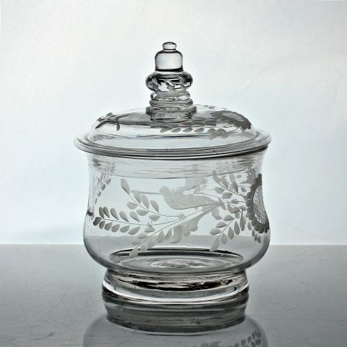 GEORGIAN RARE ENGRAVED GLASS SUGAR BOWL OR PRESERVE POT WITH ACORN FINIAL - ADDITIONAL PHOTO 3