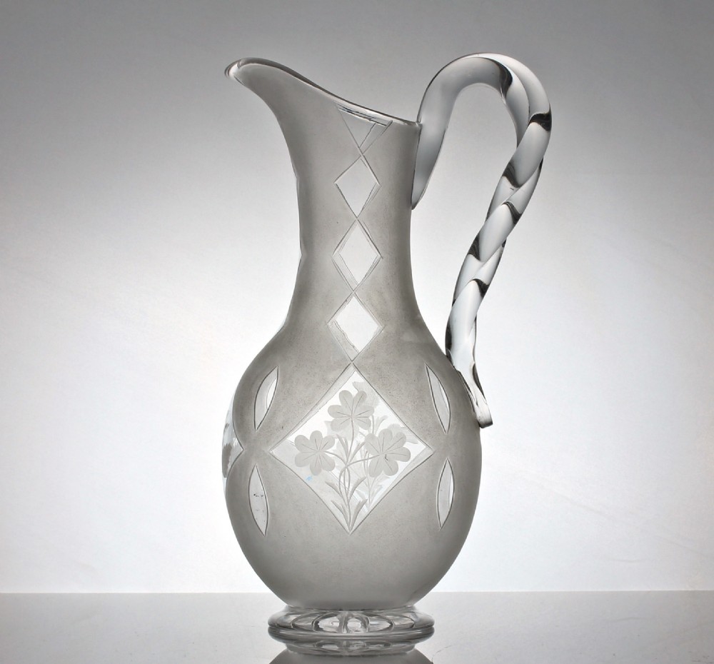 Victorian Richardsons of Stourbridge cut and engraved set of water jug and two goblets View II
