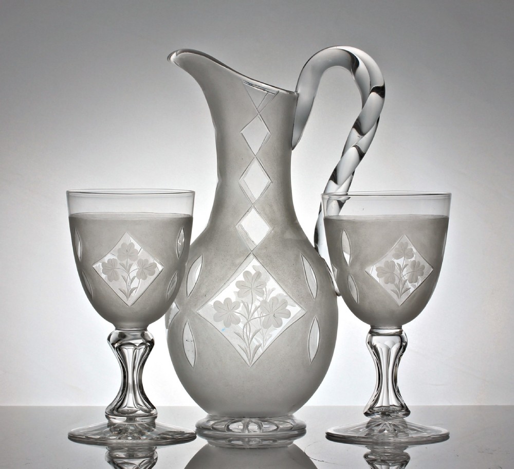 Victorian Richardsons of Stourbridge cut and engraved set of water jug and two goblets View III