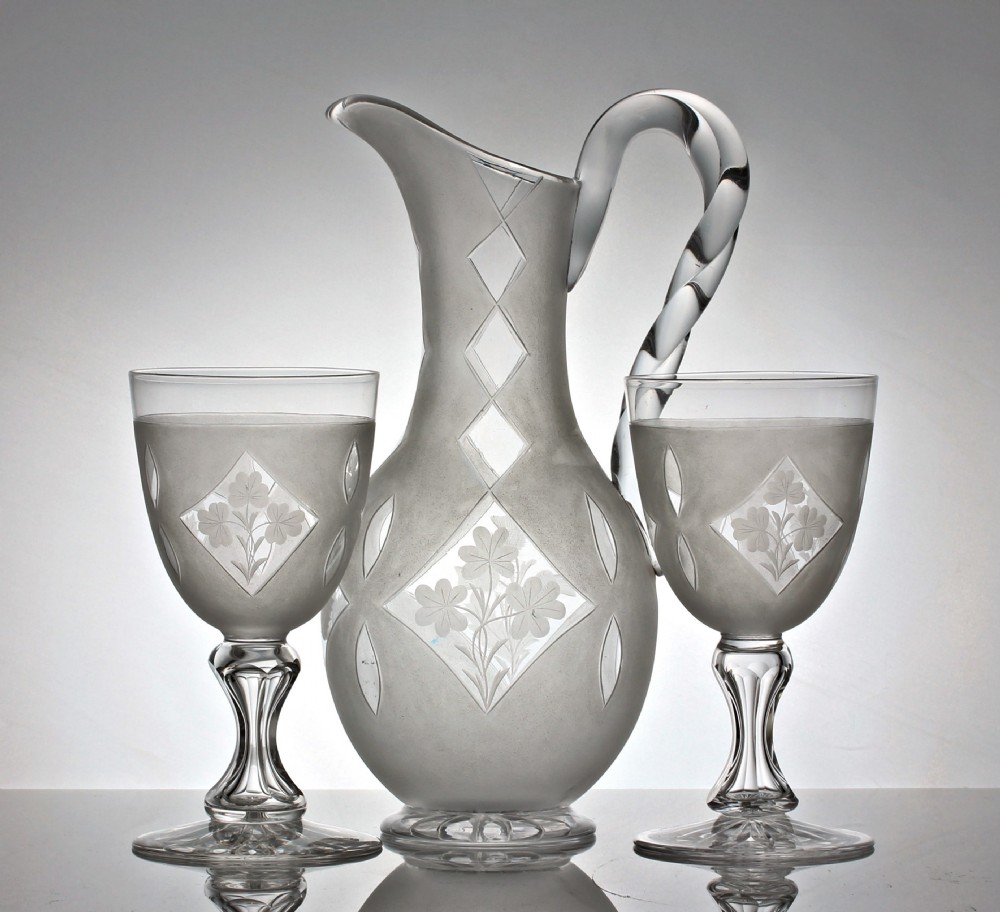 Victorian Richardsons of Stourbridge cut and engraved set of water jug and two goblets