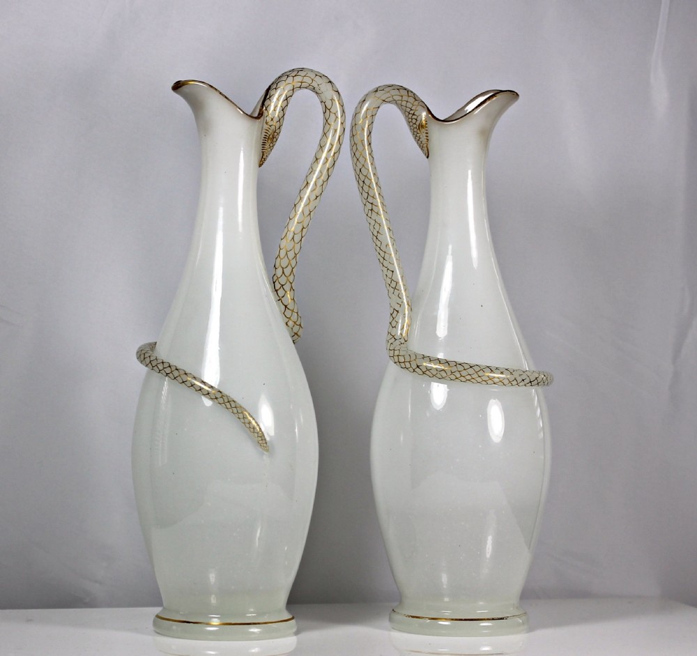 Pair of Richardsons of Stourbridge white opaline, mouth-blown, snake-handled glass ewers View II