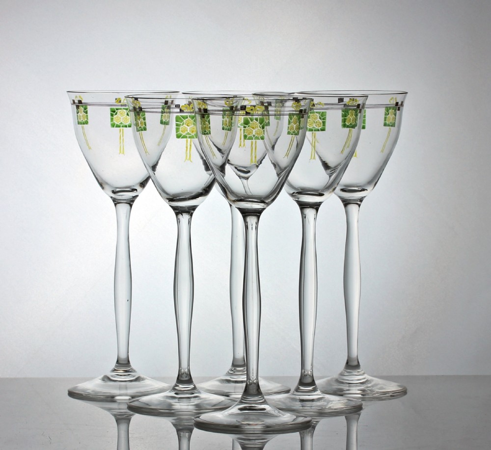 Set of six early 20th century Theresienthal enamelled wine glasses
