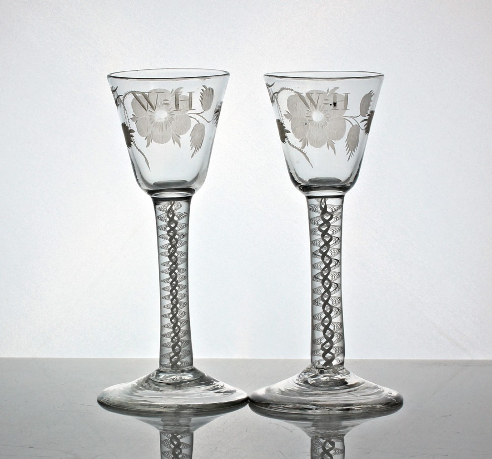 Georgian pair of Jacobite engraved double series opaque twist wine glasses View III