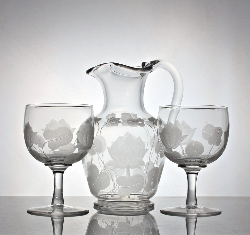 Richardsons of Stourbridge Water Lily pattern jug and goblets