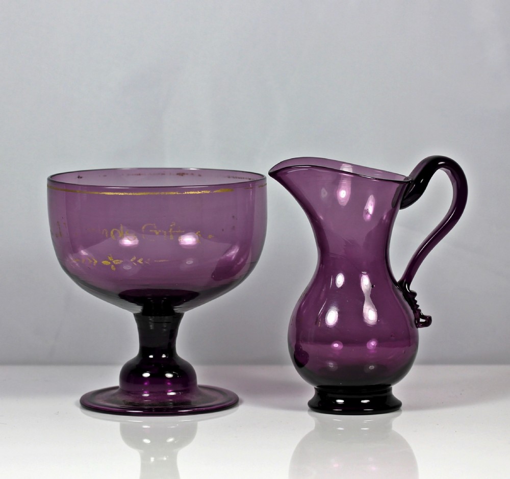 Georgian, hand-blown, gilded, pale amethyst glass cream jug and sugar bowl