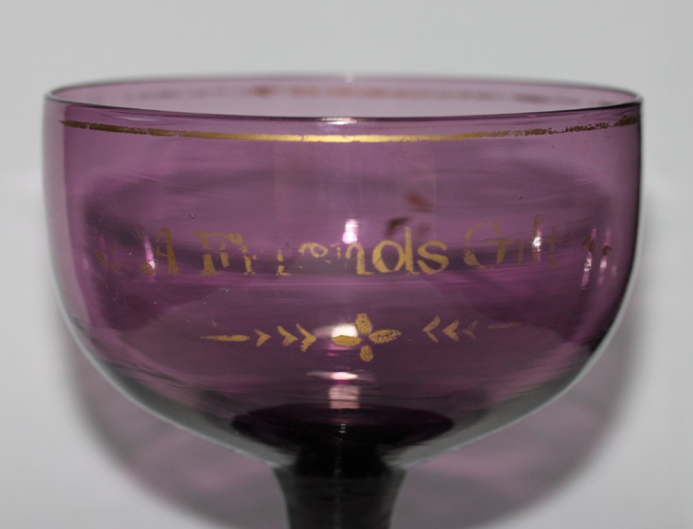 Georgian, hand-blown, gilded, pale amethyst glass cream jug and sugar bowl View V