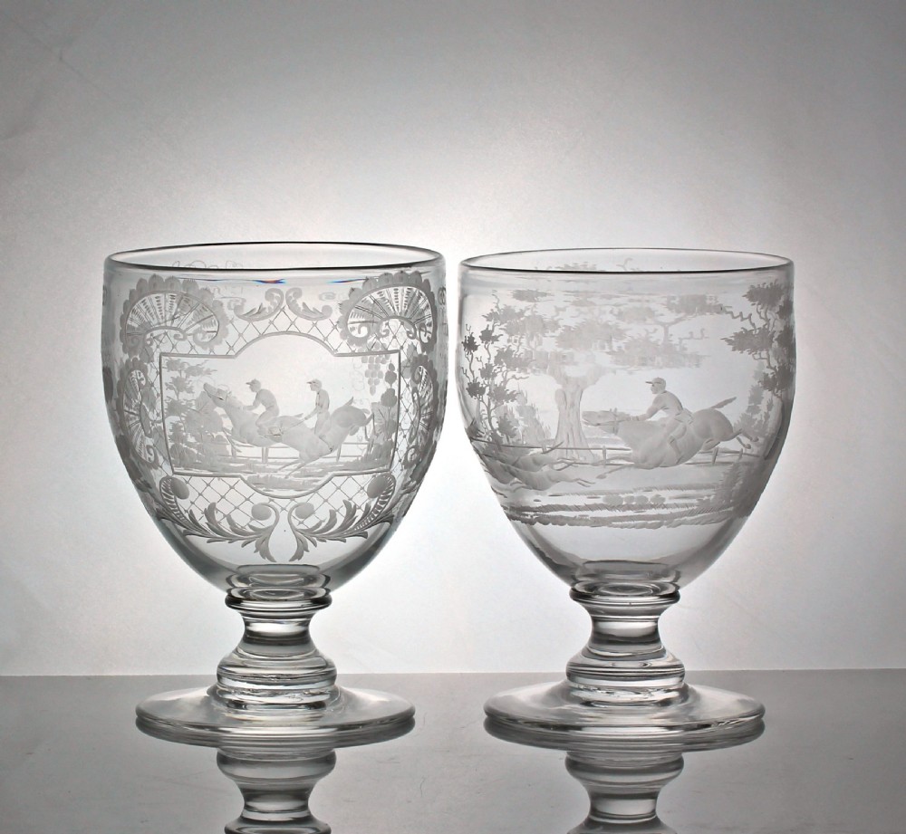Victorian, large pair of hunting scene engraved mixing rummers