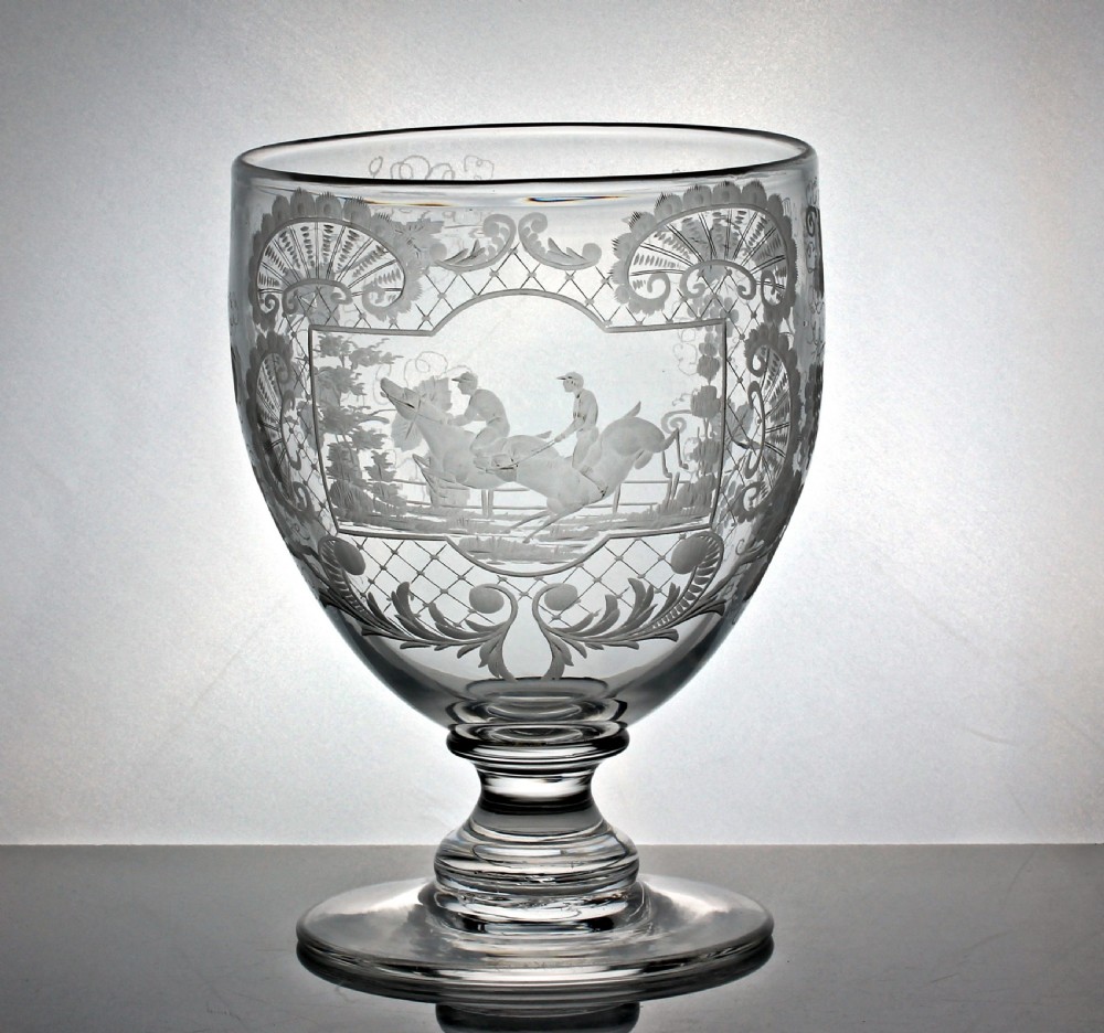 Victorian, large pair of hunting scene engraved mixing rummers View II