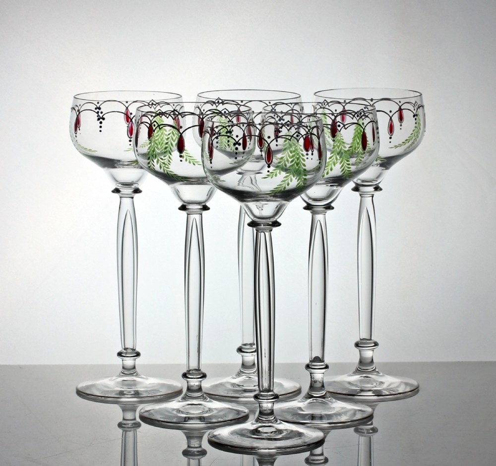 Set of six Theresienthal hand-enamelled wine hock glasses