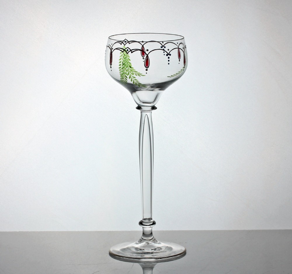 Set of six Theresienthal hand-enamelled wine hock glasses View II