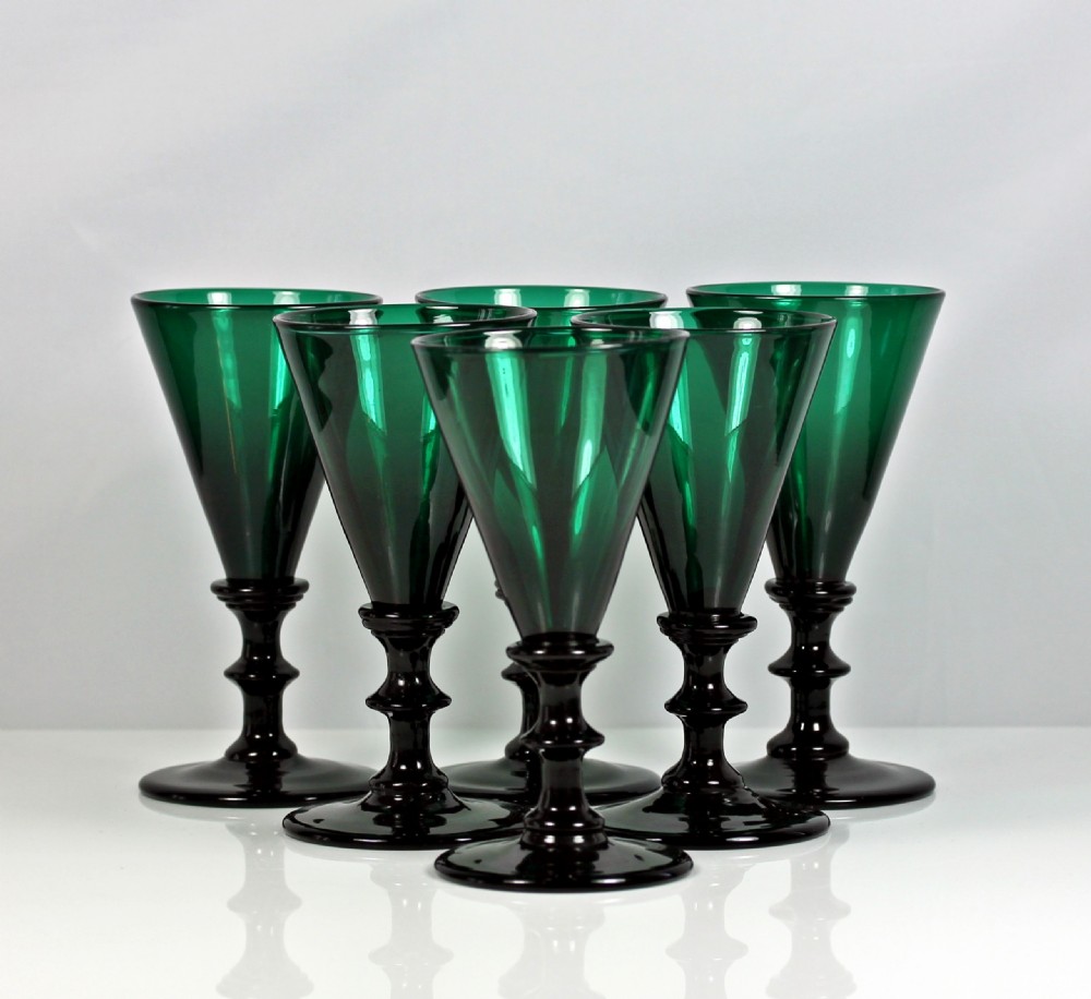 Victorian set of six Bristol green knopped stem wine glasses