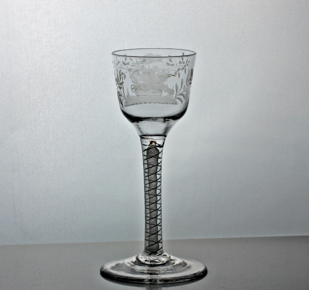 Georgian floral-engraved double series opaque twist wine glass View II
