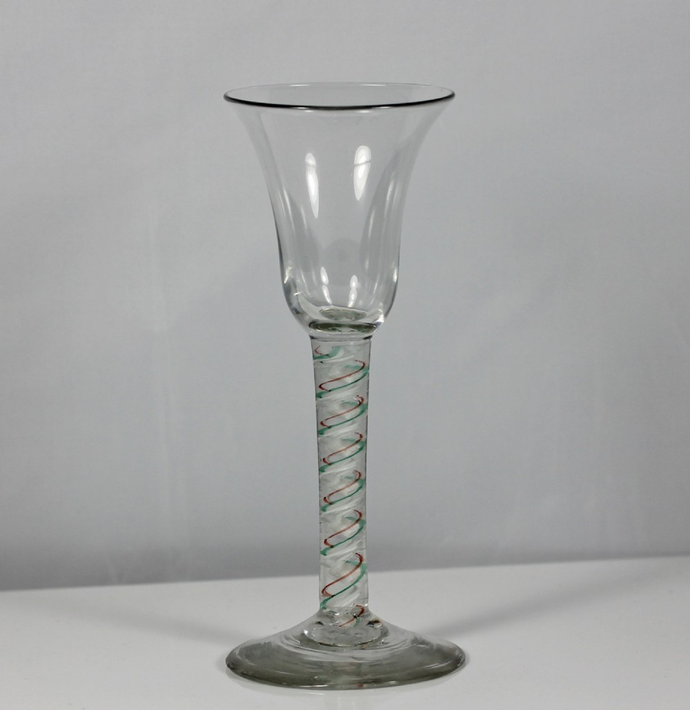 Georgian green and red colour twist wine glass, bell bowl