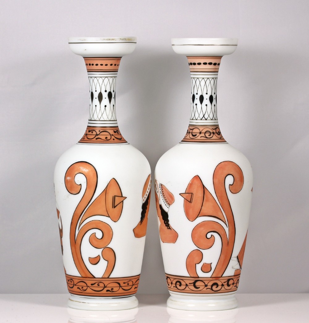 Victorian pair of tall Harrach Etruscan vases View II