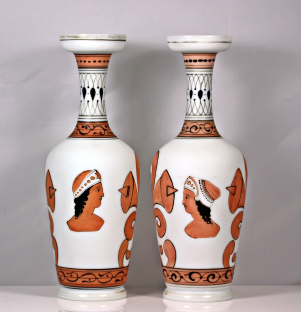 Victorian pair of tall Harrach Etruscan vases View III