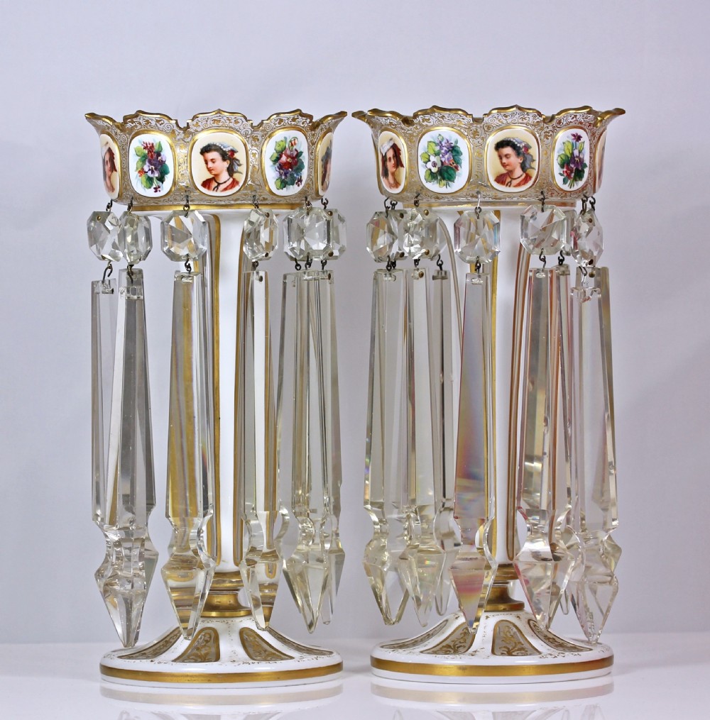 Victorian pair of Bohemian hand-painted flash-cut candlestick lustres