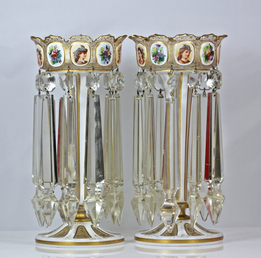 Victorian pair of Bohemian hand-painted flash-cut candlestick lustres View II