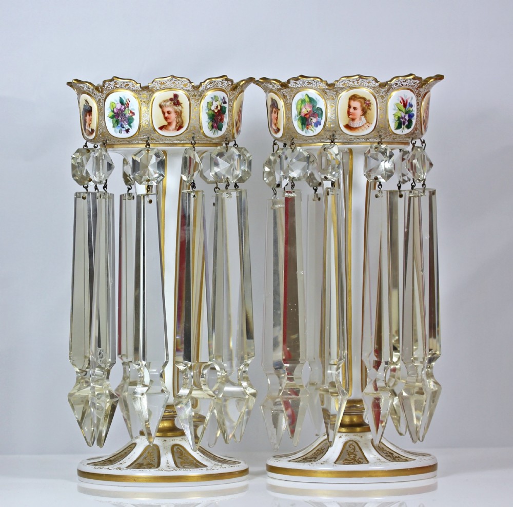 Victorian pair of Bohemian hand-painted flash-cut candlestick lustres View III