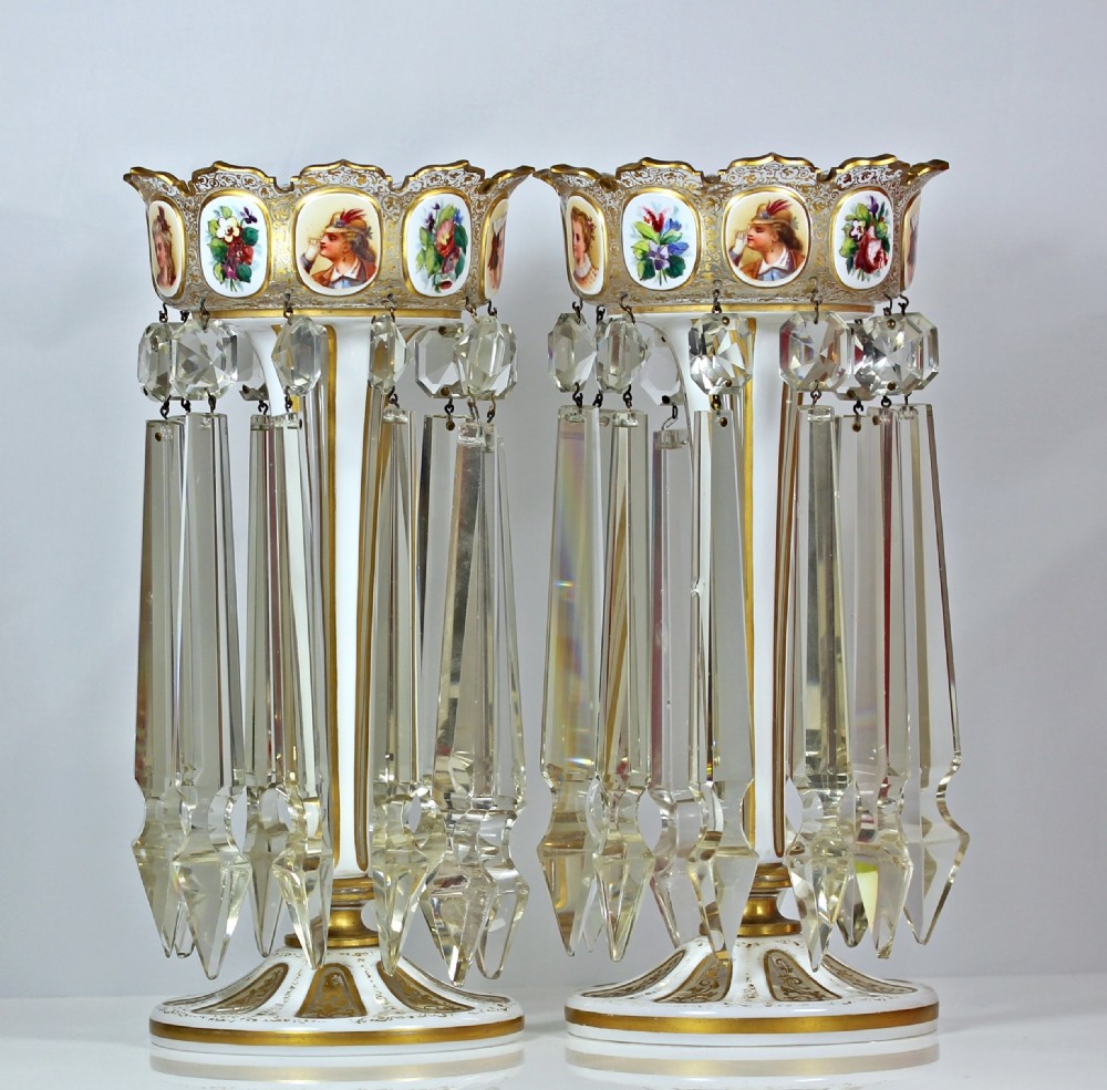 Victorian pair of Bohemian hand-painted flash-cut candlestick lustres View IV