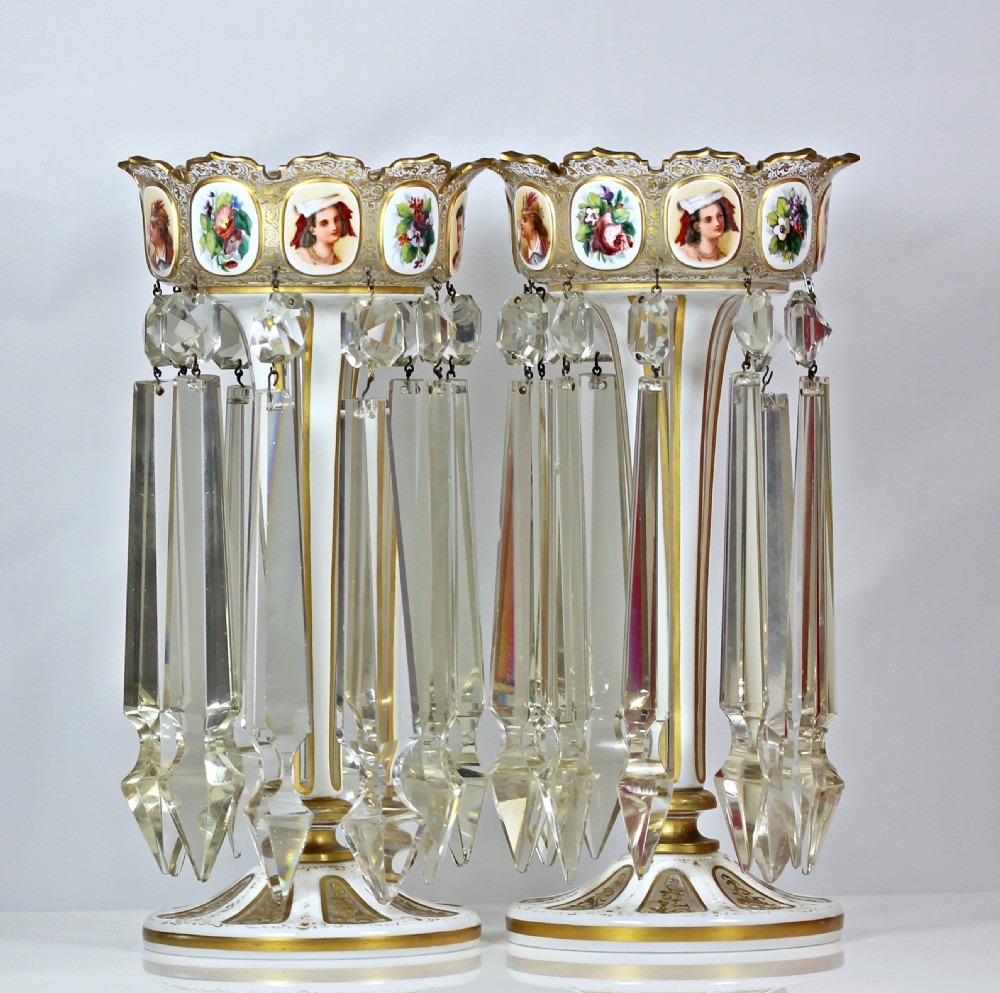 Victorian pair of Bohemian hand-painted flash-cut candlestick lustres View V