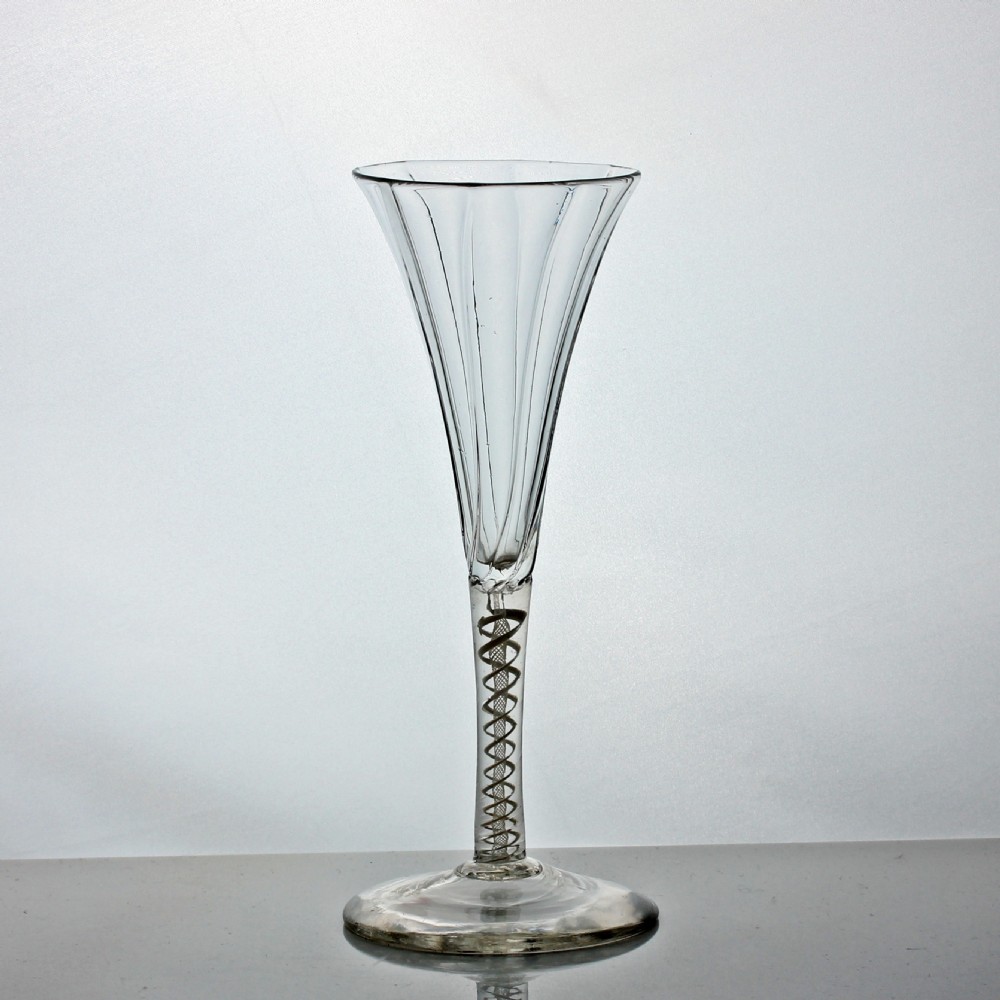 Georgian rare double series opaque twist wine flute, rib-moulded trumpet bowl View II