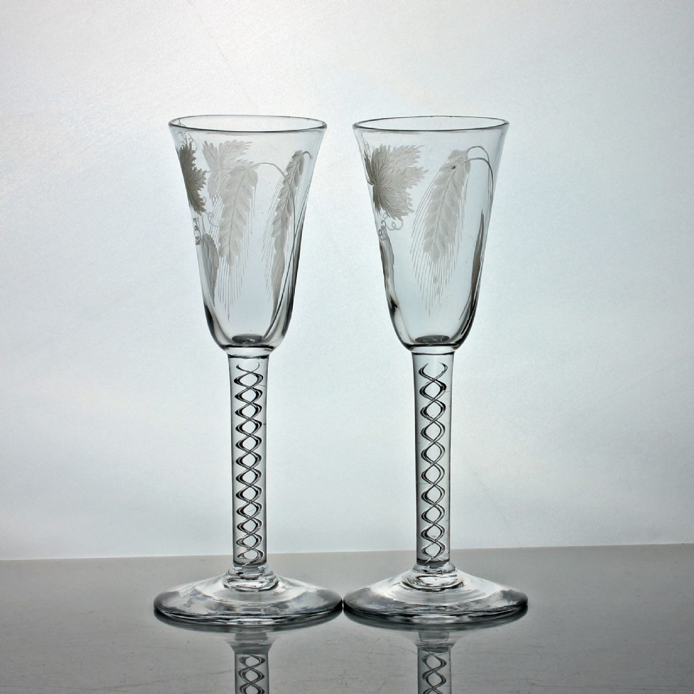 Georgian pair of hop & barley engraved single series air twist ale glasses View II