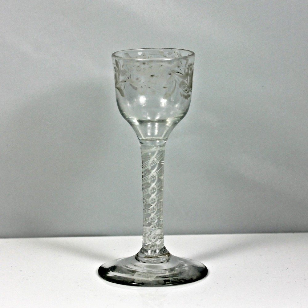 Georgian engraved double series opaque twist wine glass, ogee bowl View II