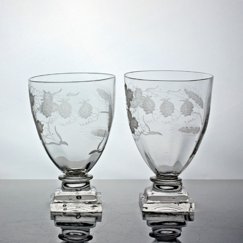 Victorian pair of engraved square footed rummers