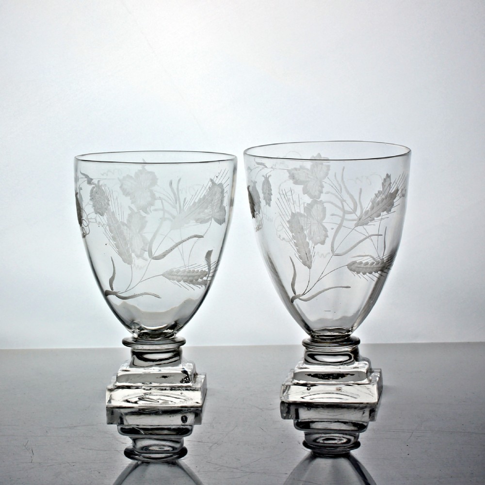 Victorian pair of engraved square footed rummers View II