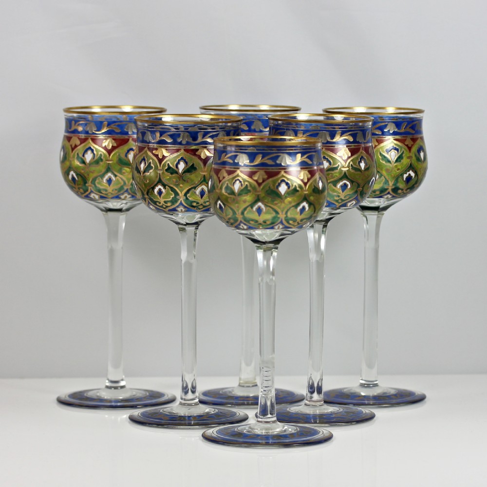 Set of 5/6 Jugendstil Jodhpur enamelled wine glasses by Fritz Heckert View II