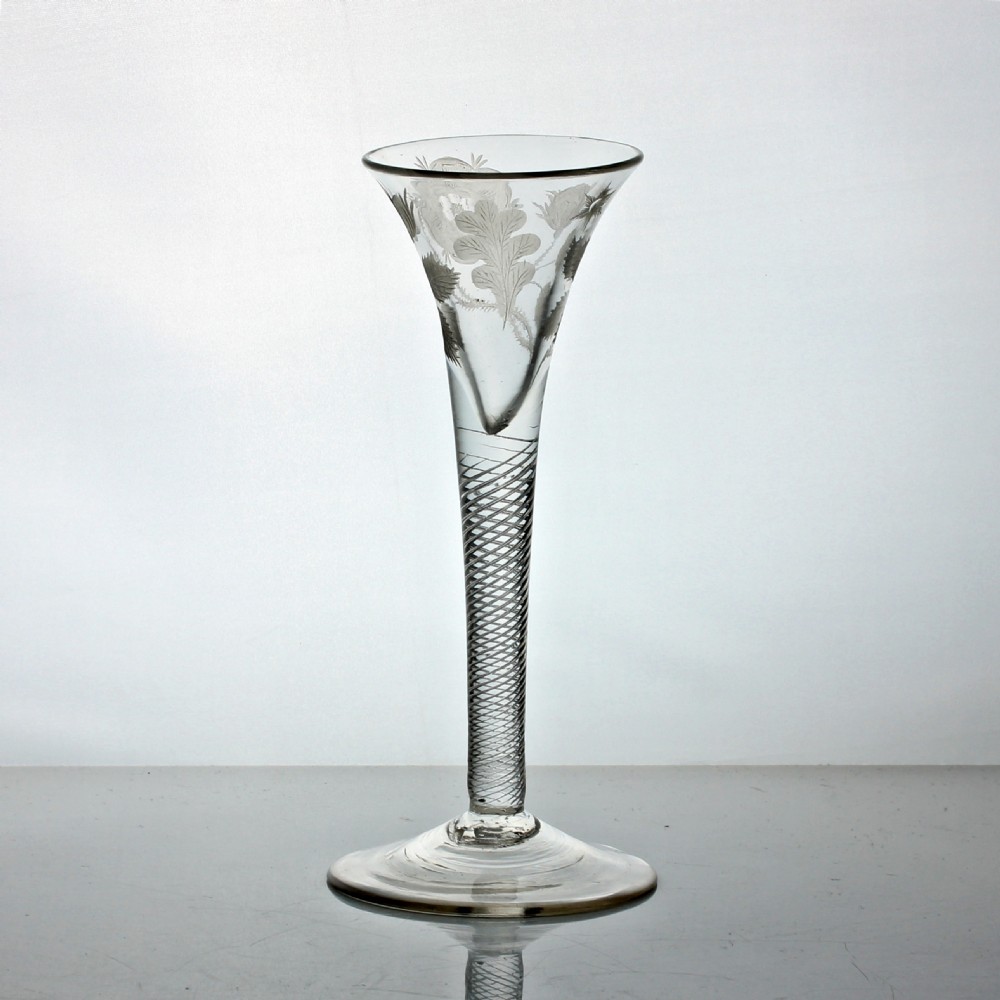 Georgian Jacobite-engraved multi spiral air twist wine glass, trumpet bowl View II
