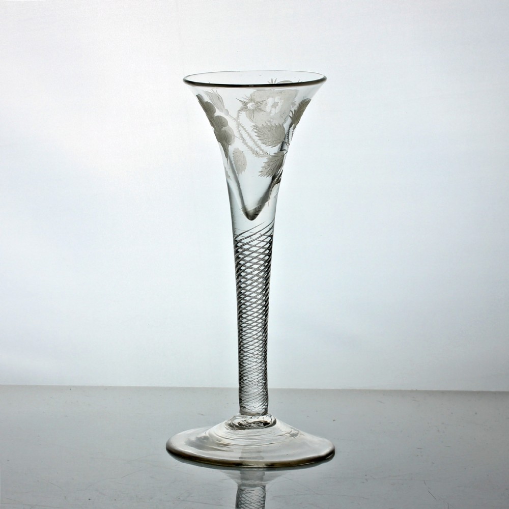 Georgian Jacobite-engraved multi spiral air twist wine glass, trumpet bowl View III