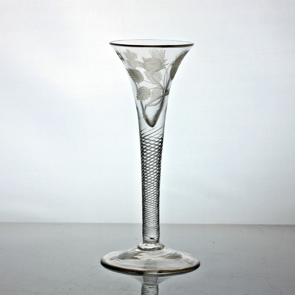 Georgian Jacobite-engraved multi spiral air twist wine glass, trumpet bowl View IV