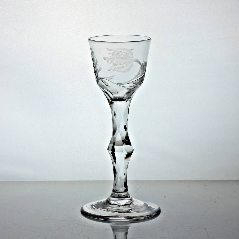 Georgian engraved facet cut stem wine glass, medial knop
