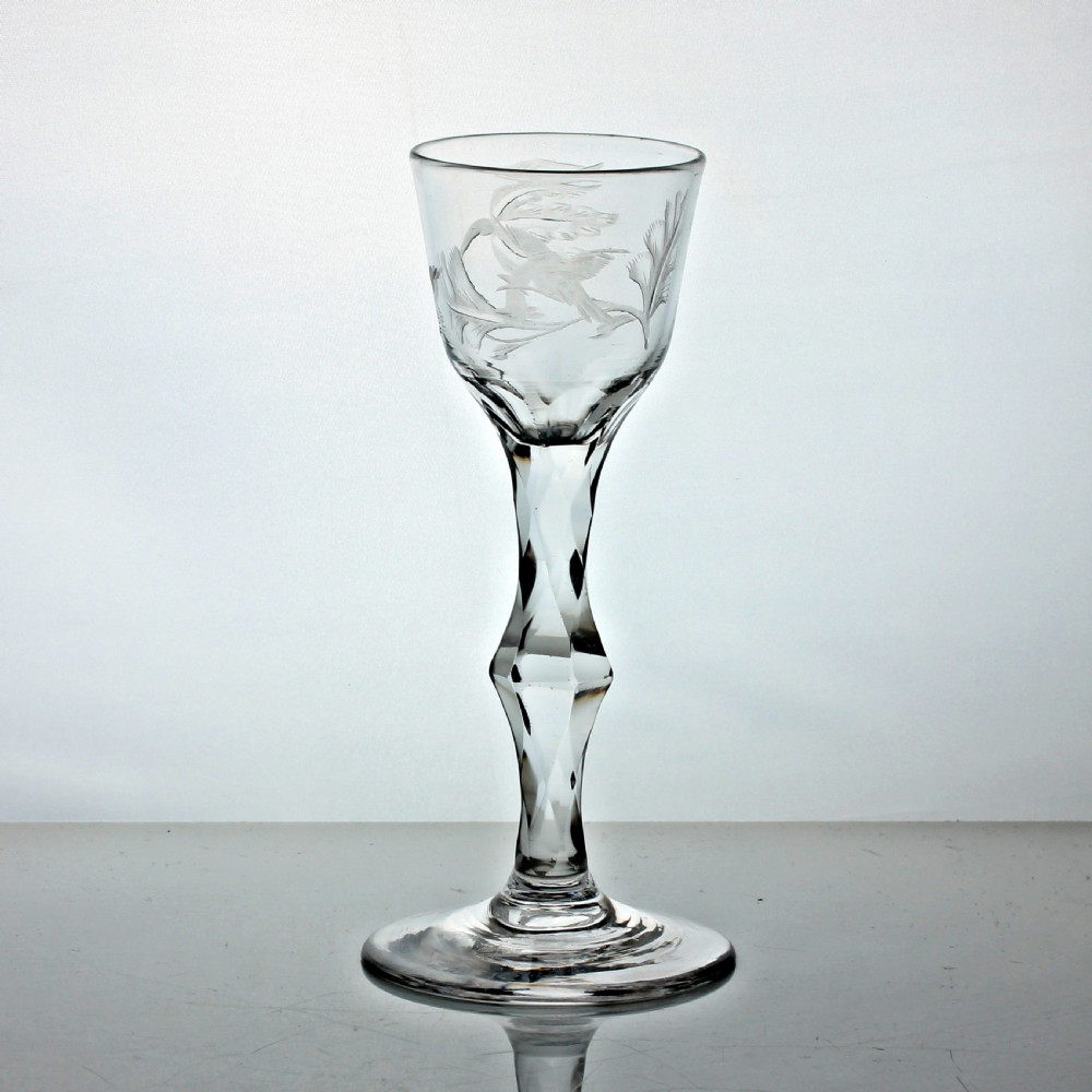 Georgian engraved facet cut stem wine glass, medial knop View II