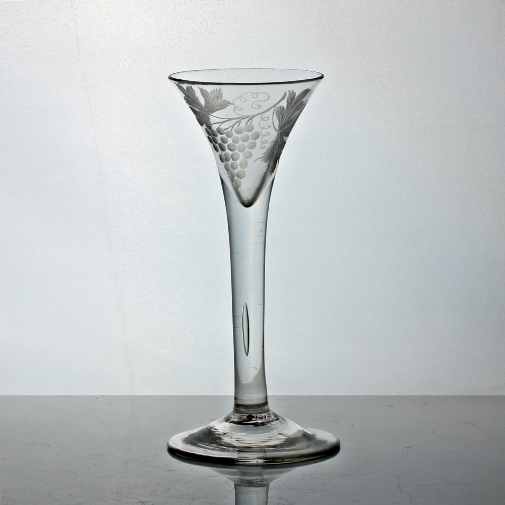 Georgian vine-engraved plain stem wine glass, trumpet bowl