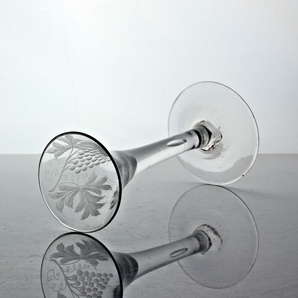Georgian vine-engraved plain stem wine glass, trumpet bowl View II
